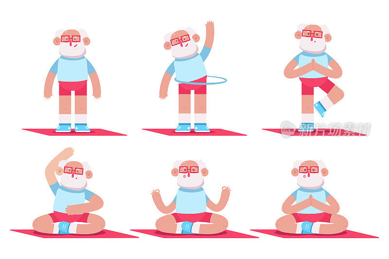 Cute elderly man doing yoga and fitness exercises. Funny vector cartoon characters set isolated on a white background.